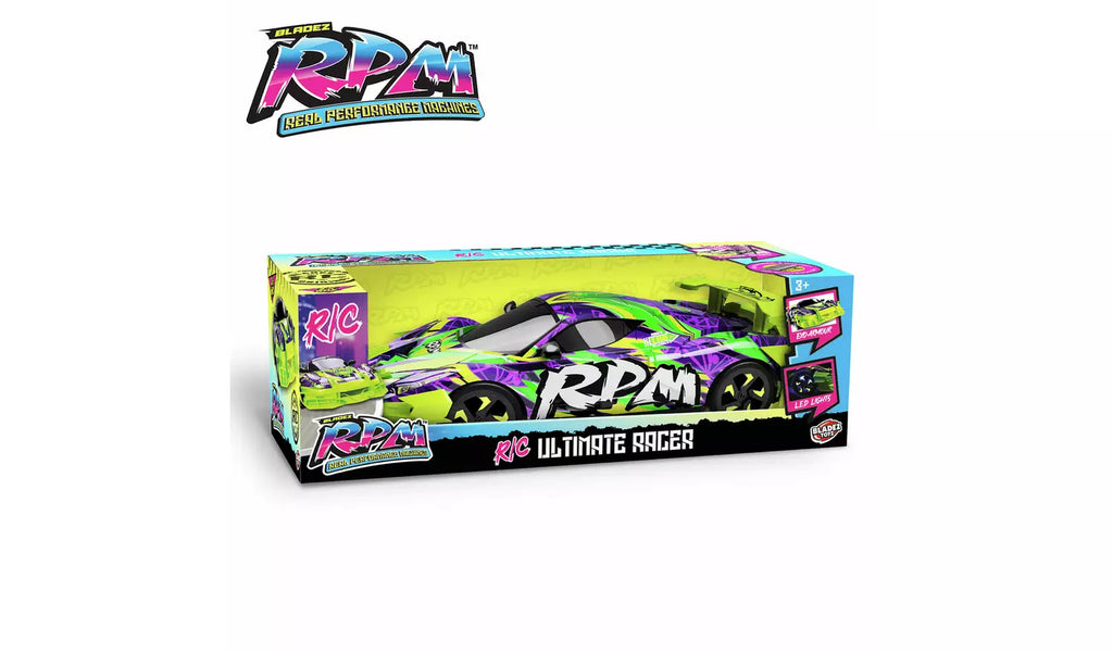 Bladez Toys RC Ultimate Racer 1:10 high-speed remote control car on a track, showcasing its sleek design and vibrant colors.