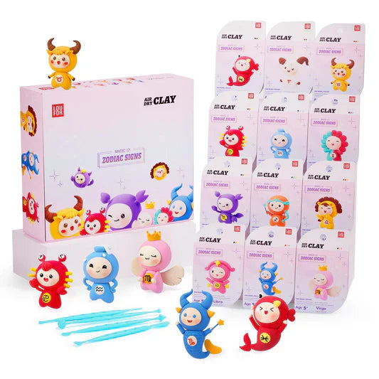 Set of 12 zodiac sign air dry modeling clay pieces from Playzokids, soft, lightweight, and safe for kids' craft projects.