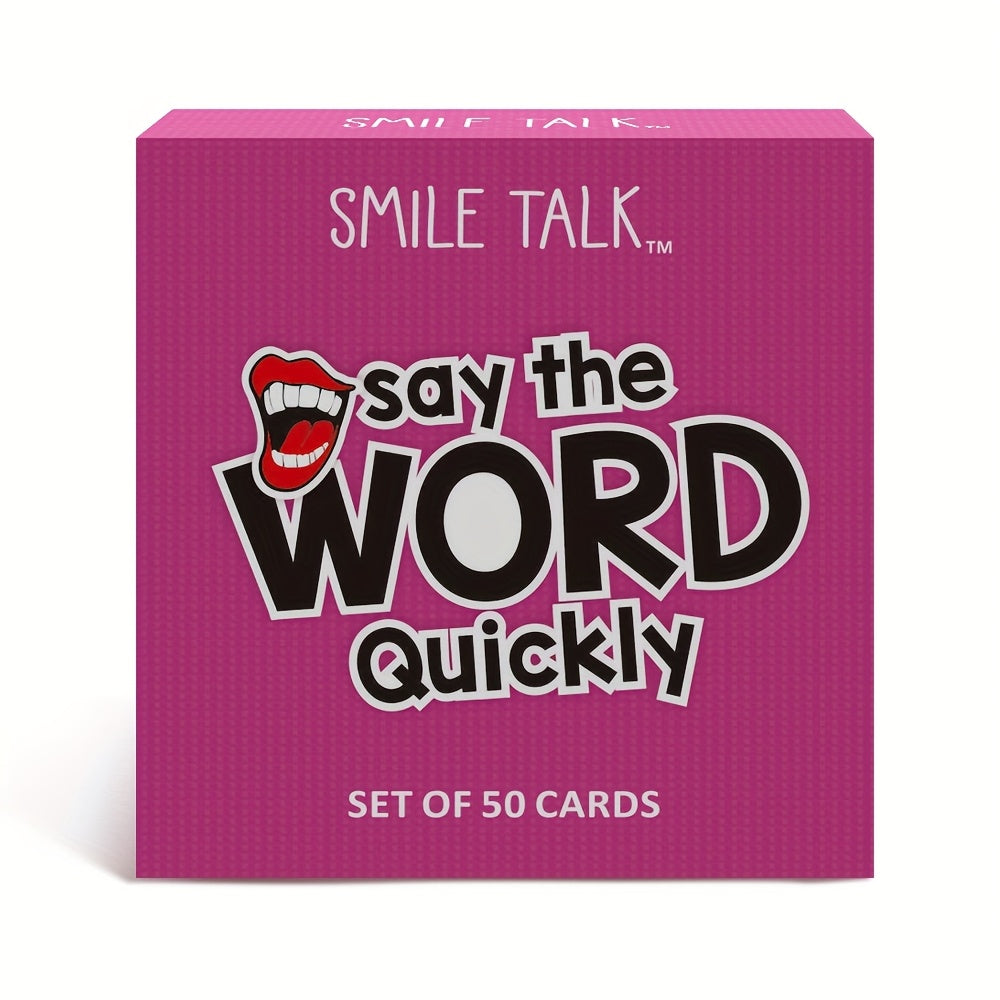 SMILE TALK Quick Guesses Challenge Card Game featuring colorful cards with fun guessing prompts for family or party play.