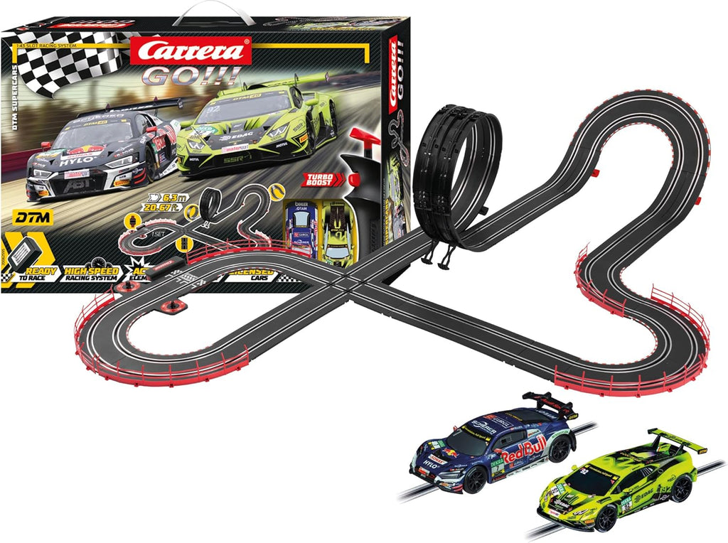 Carrera GO!!! DTM Supercars slot car racing set with colorful race track and detailed DTM-style race cars, ideal for toy racing enthusiasts.