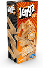 Hasbro Classic Jenga game with wooden blocks stacked on a flat surface, ready for gameplay, made in the USA.