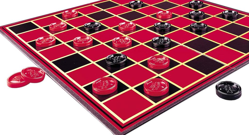Pressman red and black checkers folding board game set with checkers pieces on a wooden surface.