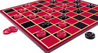 Pressman red and black checkers folding board game set with checkers pieces on a wooden surface.
