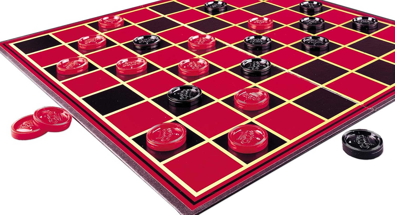 Pressman red and black checkers folding board game set with checkers pieces on a wooden surface.