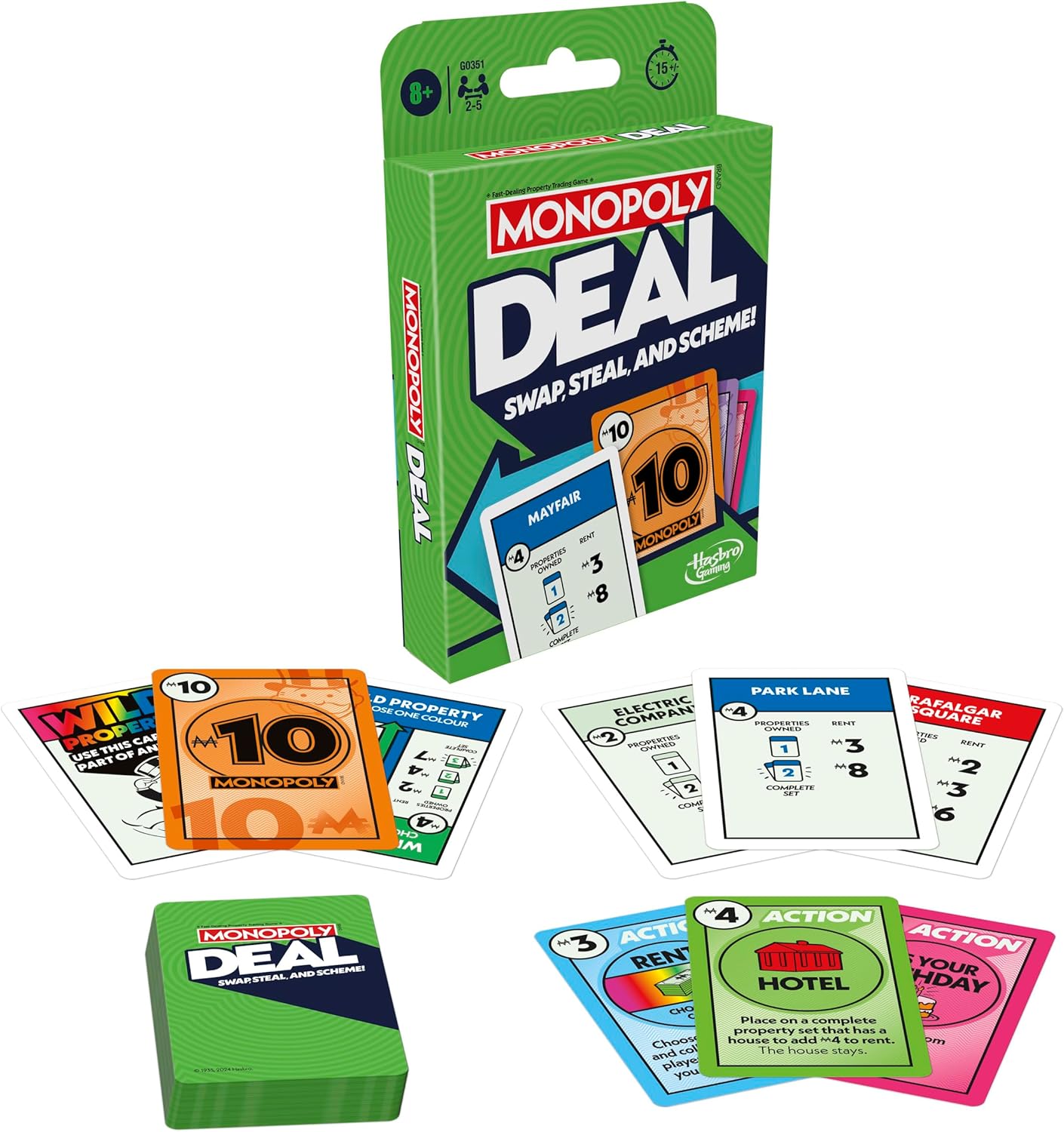 Hasbro Monopoly Deal card game featuring colorful playing cards and game components for quick, fun property trading.