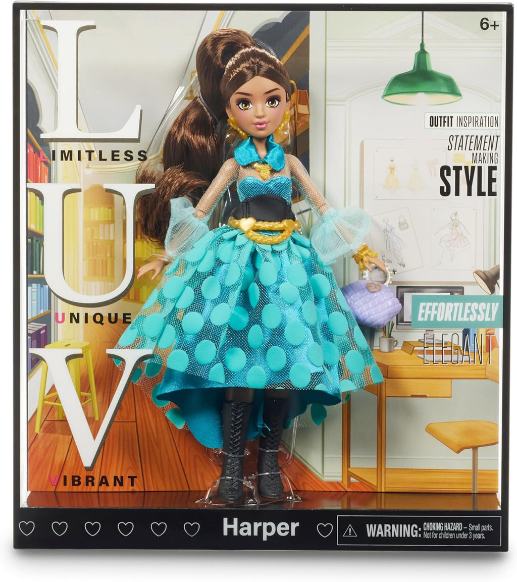 Playzokids Far Out Toys LUV Harper fashion doll in edgy, vibrant outfit with stylish accessories and colorful details.
