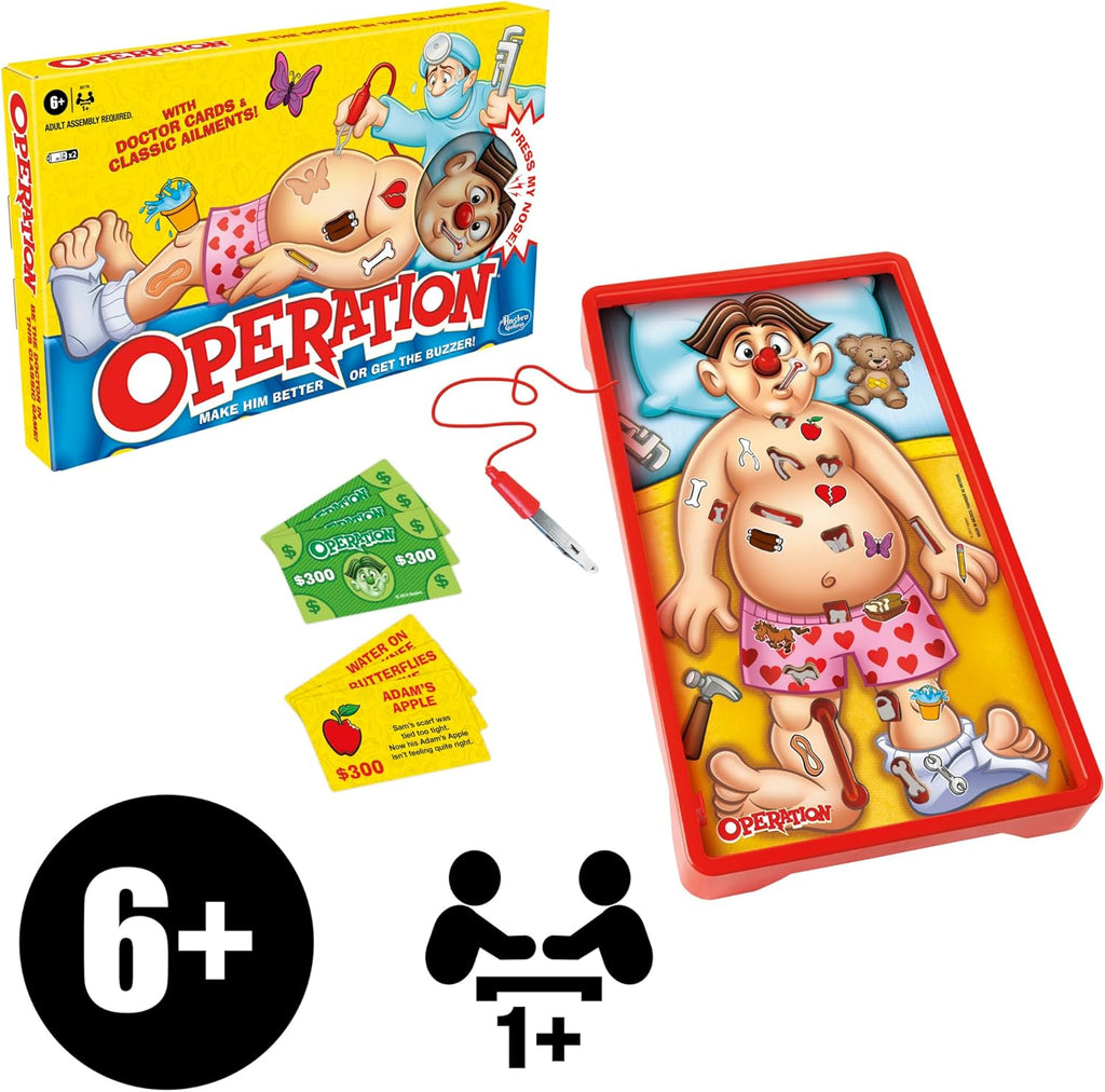 Hasbro Classic Operation game with a cardboard game board, plastic patient with removable organs, and game pieces for fun medical diagnosis.