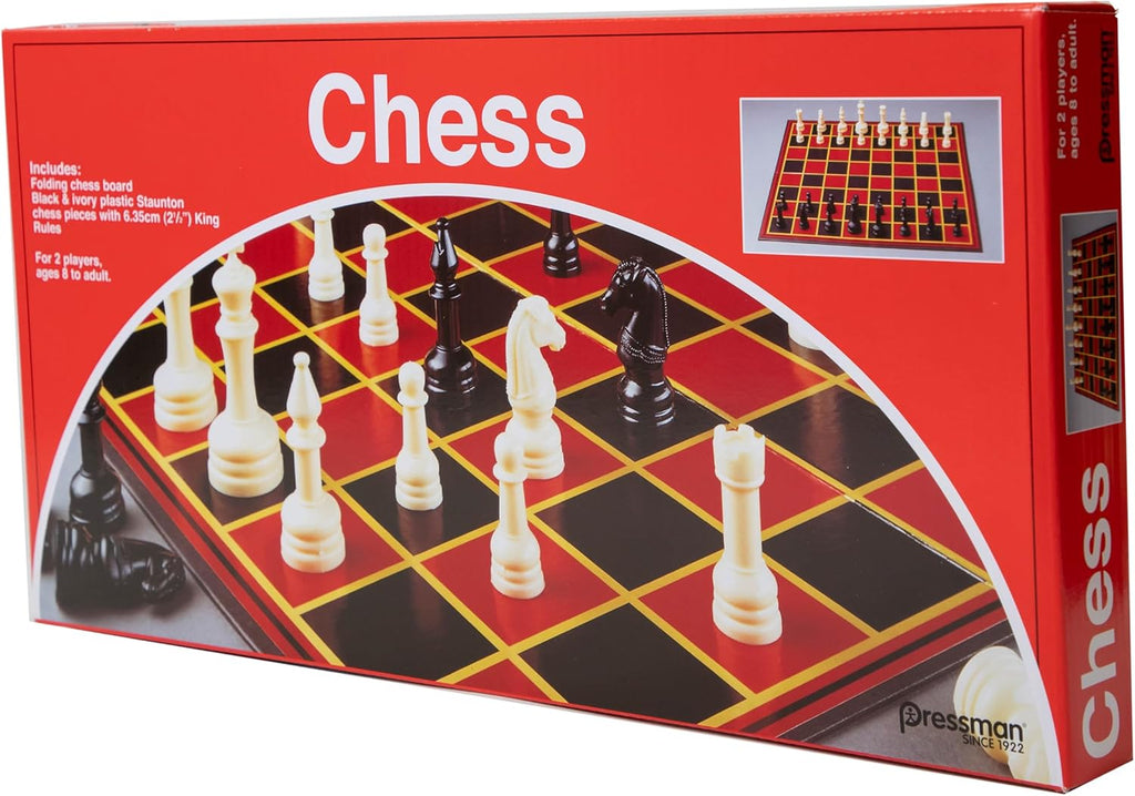 Pressman folding chess board game with red, black, and white squares, featuring a compact design for easy storage and play.