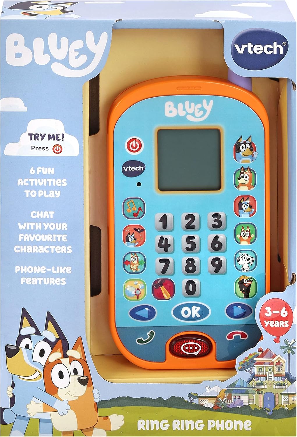 VTech Bluey Ring Ring Learning Phone with colorful buttons and Bluey character design for kids' educational play.
