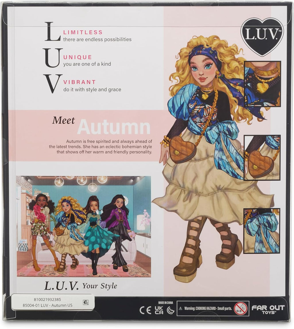 Playzokids Far Out Toys Autumn LUV Fashion Doll, 10-inch bohemian style doll with colorful outfits for creative play.