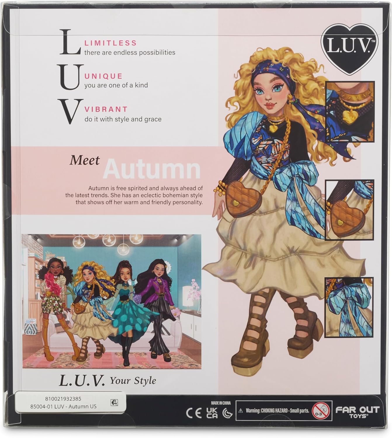 Playzokids Far Out Toys Autumn LUV Fashion Doll, 10-inch bohemian style doll with colorful outfits for creative play.