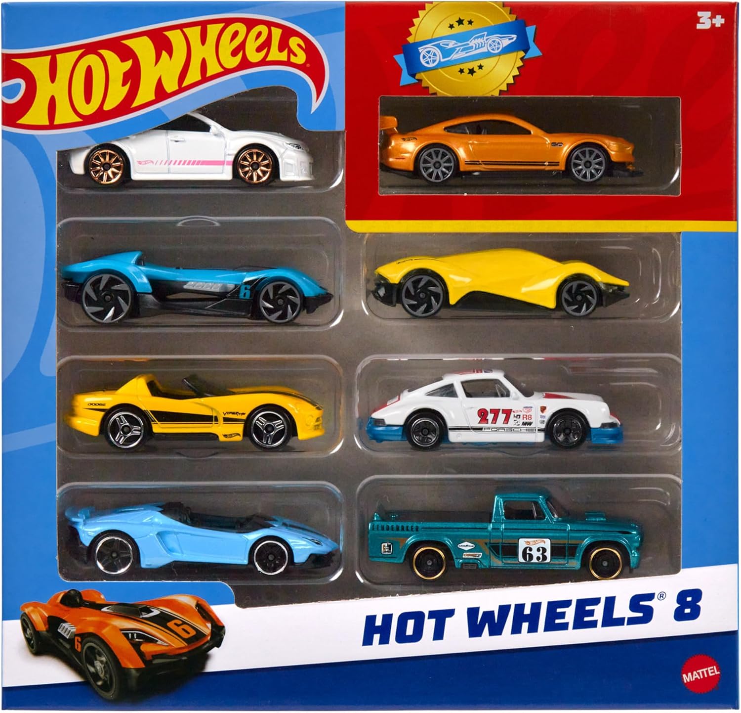 Set of 8 Hot Wheels 1:64 scale basic die-cast cars featuring colorful designs and detailed models. Main image
