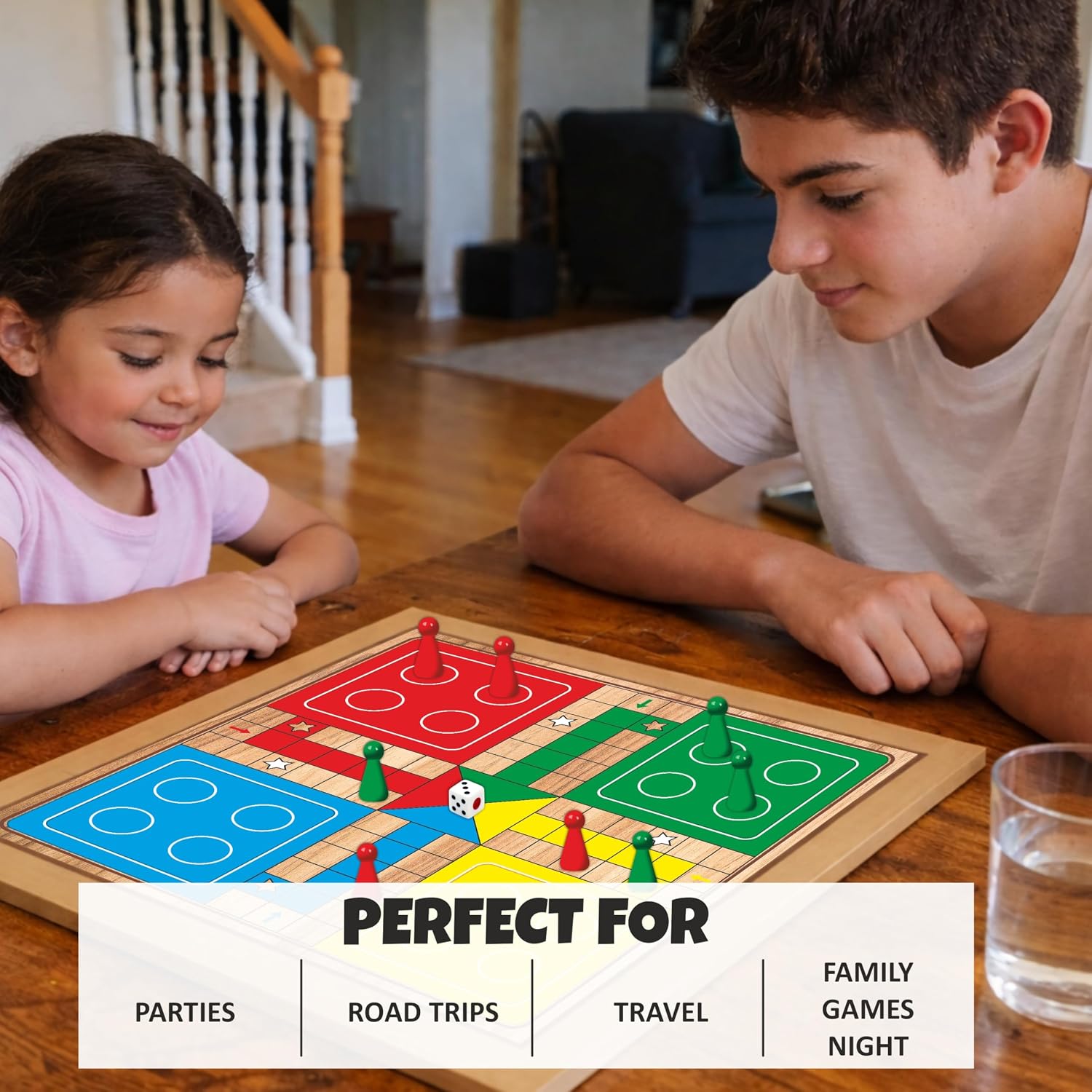 2 in 1 Wooden Ludo, Snakes and Ladders Board Game Set for Kids and Adults
