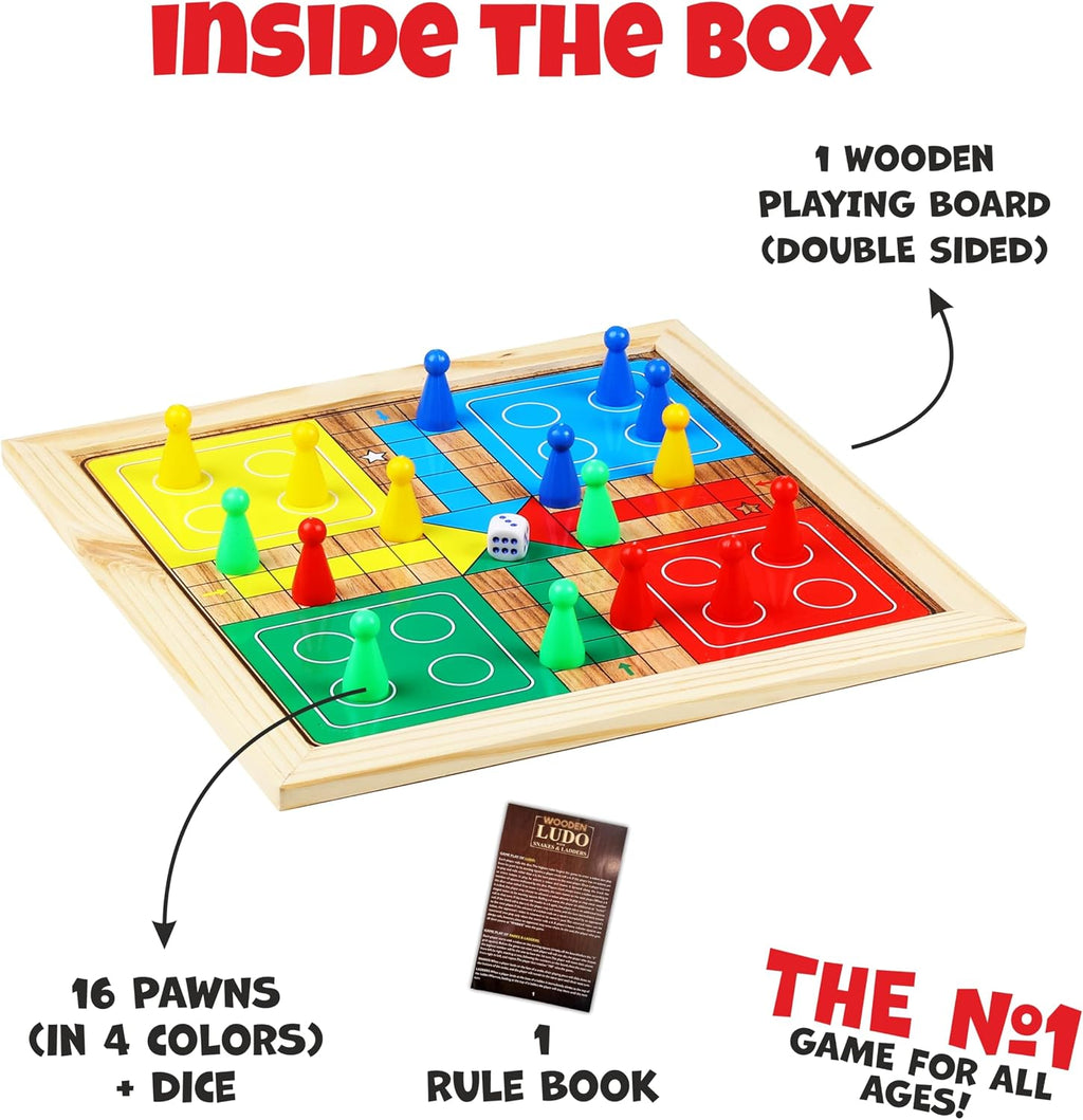 2 in 1 Wooden Ludo, Snakes and Ladders Board Game Set for Kids and Adults