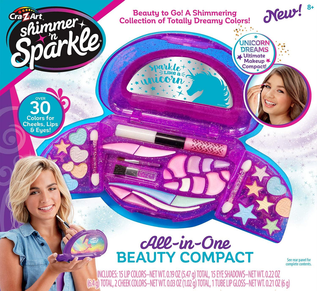 Cra-Z-Art Shimmer ‘n Sparkle All in One Beauty Compact with colorful makeup and shimmer powders for creative face designs.