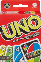 Mattel UNO classic card game featuring colorful playing cards with numbers and action symbols on a white background