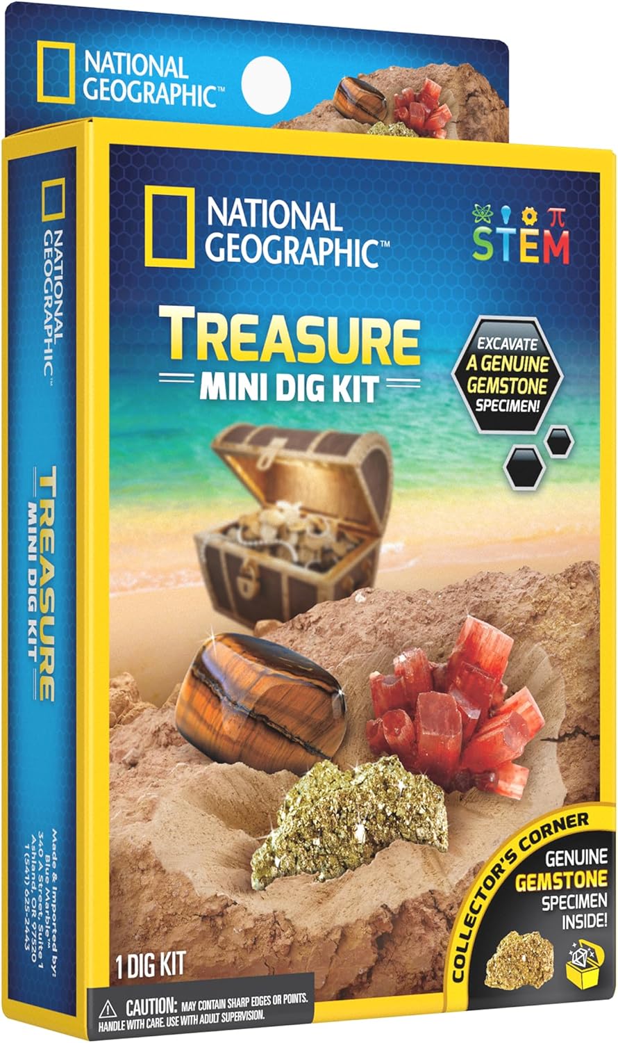 National Geographic Carved Treasure Mini Dig Kit by Playzokids featuring excavation tools and buried treasure artifacts for kids. Main image