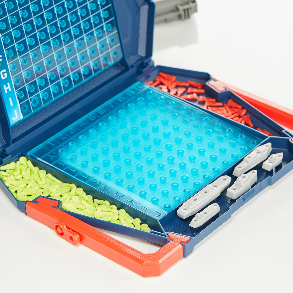 Hasbro Battleship classic board game with colorful plastic ships and grid game board for strategic play and ocean battles.