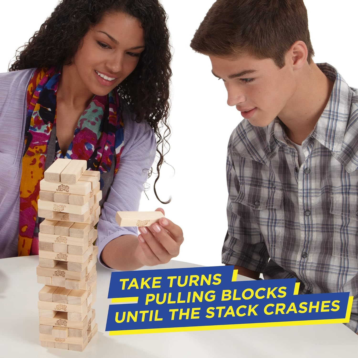 Hasbro Classic Jenga game with stacked wooden blocks ready to be played, made in the USA, in a clear plastic container.