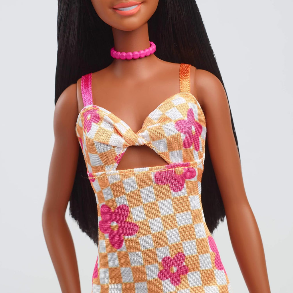 Barbie Fashionistas Doll Wearing Checkered Orange and Pink Flower Midi Dress
