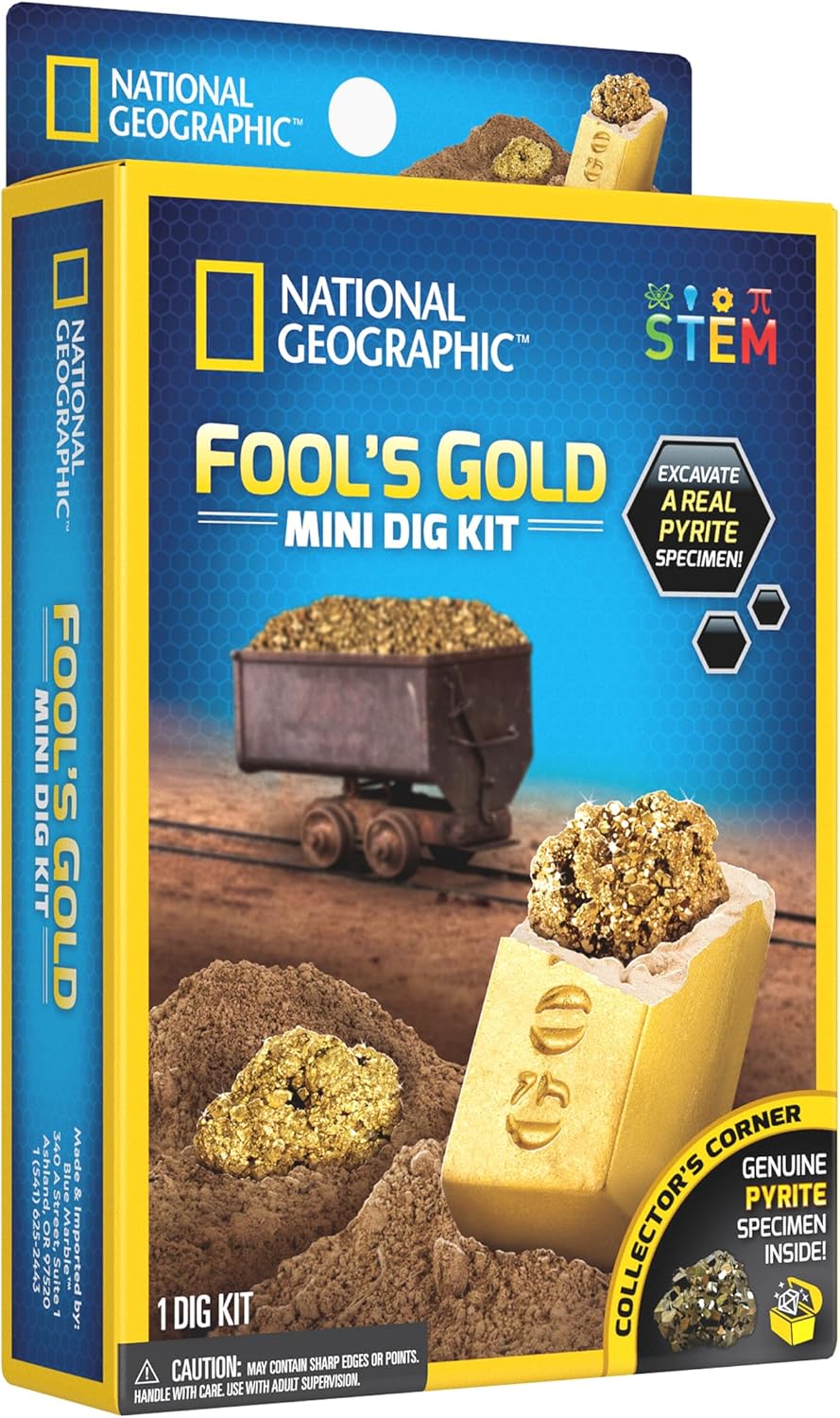National Geographic Fools Gold Mini Dig Kit by Playzokids, featuring a small excavation tool and fool's gold specimens for educational fun. Main image