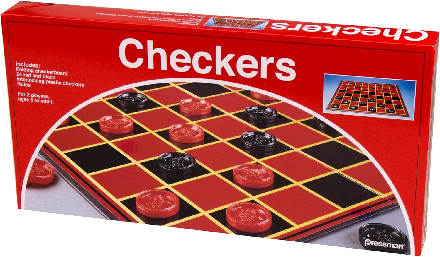 Pressman checkers folding board game with red and black checkers on a wooden board.