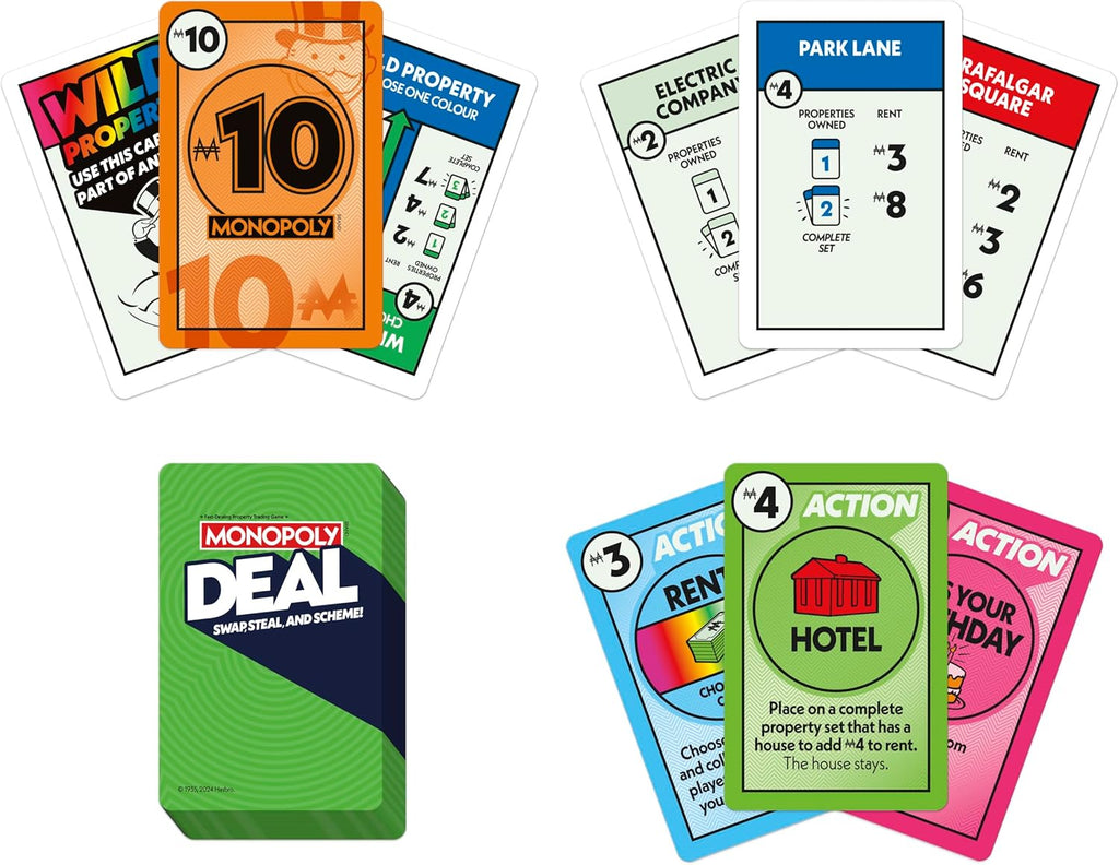 Hasbro Monopoly Deal card game featuring colorful playing cards and game components spread out on a surface.