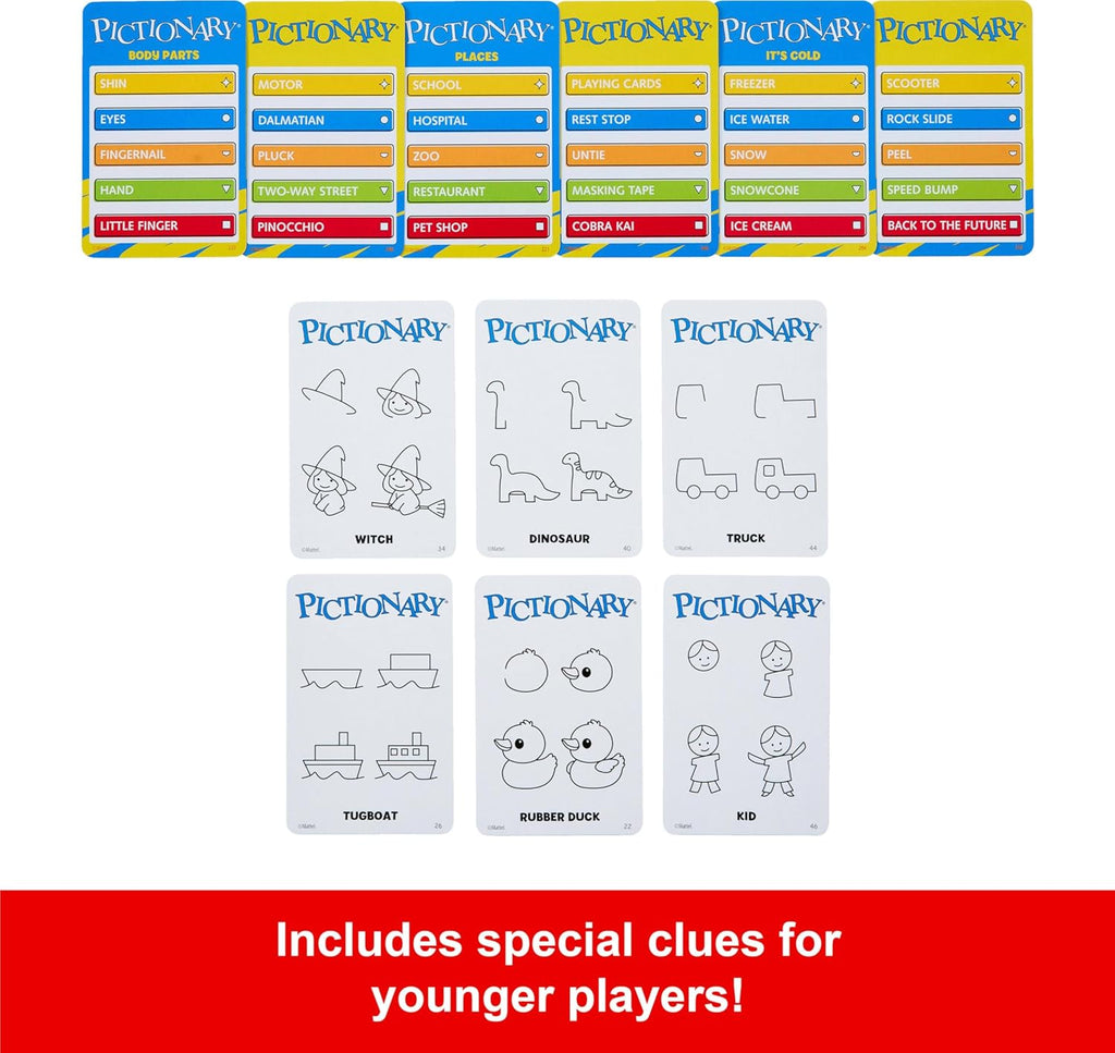 Mattel Pictionary board game with game cards and drawing surface, ideal for family and party fun