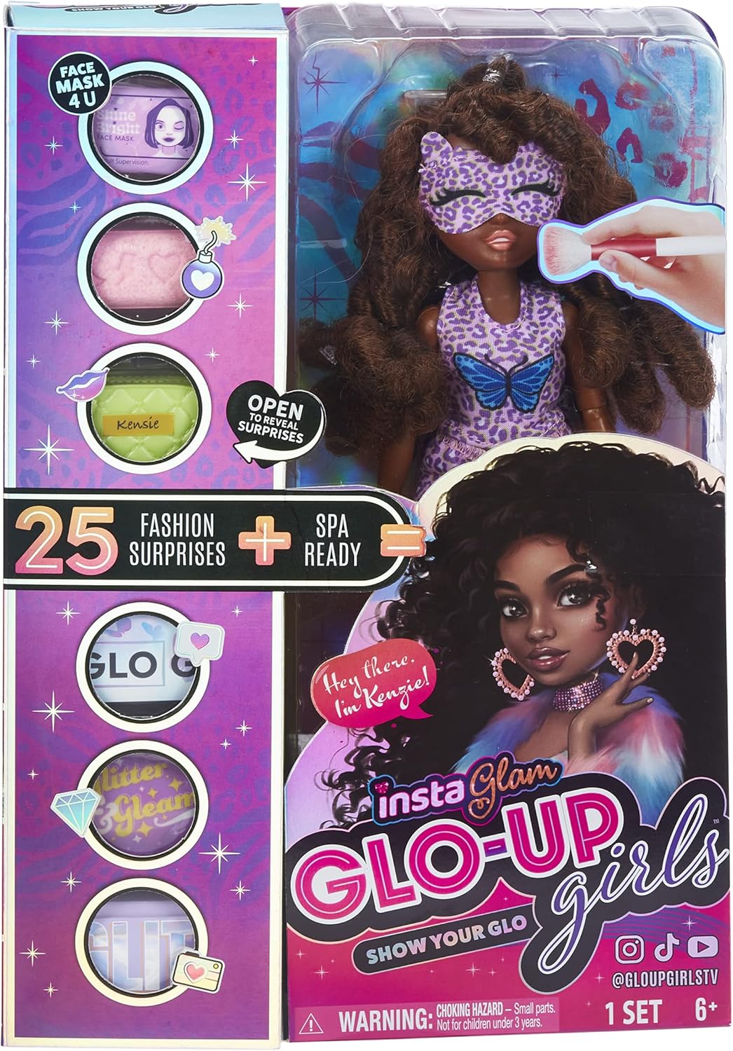 Playzokids GLO UP GIRLS doll with 25 fashion surprises and spa accessories, featuring vibrant doll and colorful packaging.