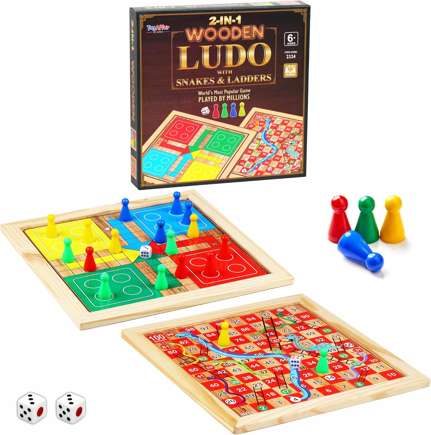2 in 1 Wooden Ludo, Snakes and Ladders Board Game Set for Kids and Adults