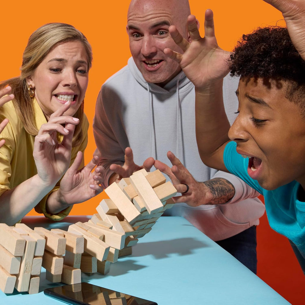 Official Hasbro Jenga game with wooden blocks stacked in a tower, ready for a fun and challenging game session.