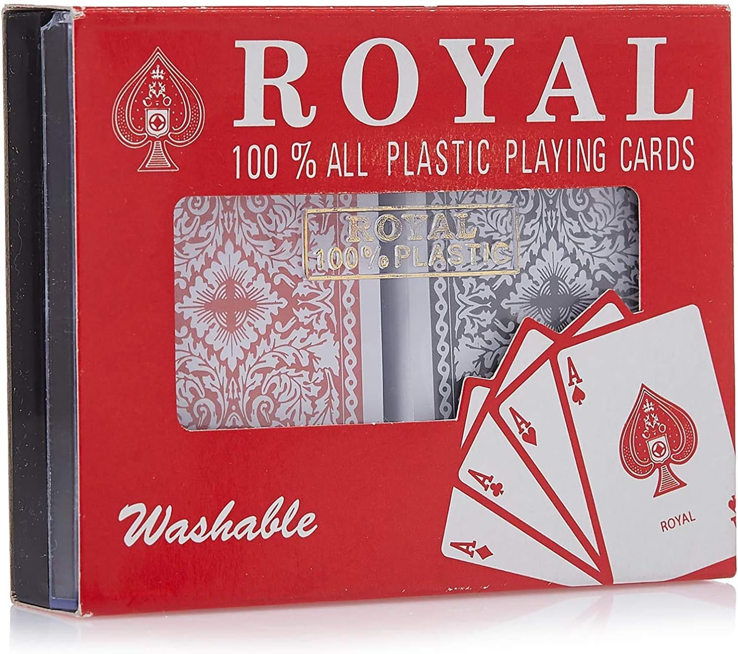 Generic ROYAL plastic playing cards spread out, colorful toy deck for card games and magic tricks. Main image
