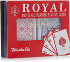 Generic ROYAL plastic playing cards spread out, colorful toy deck for card games and magic tricks.