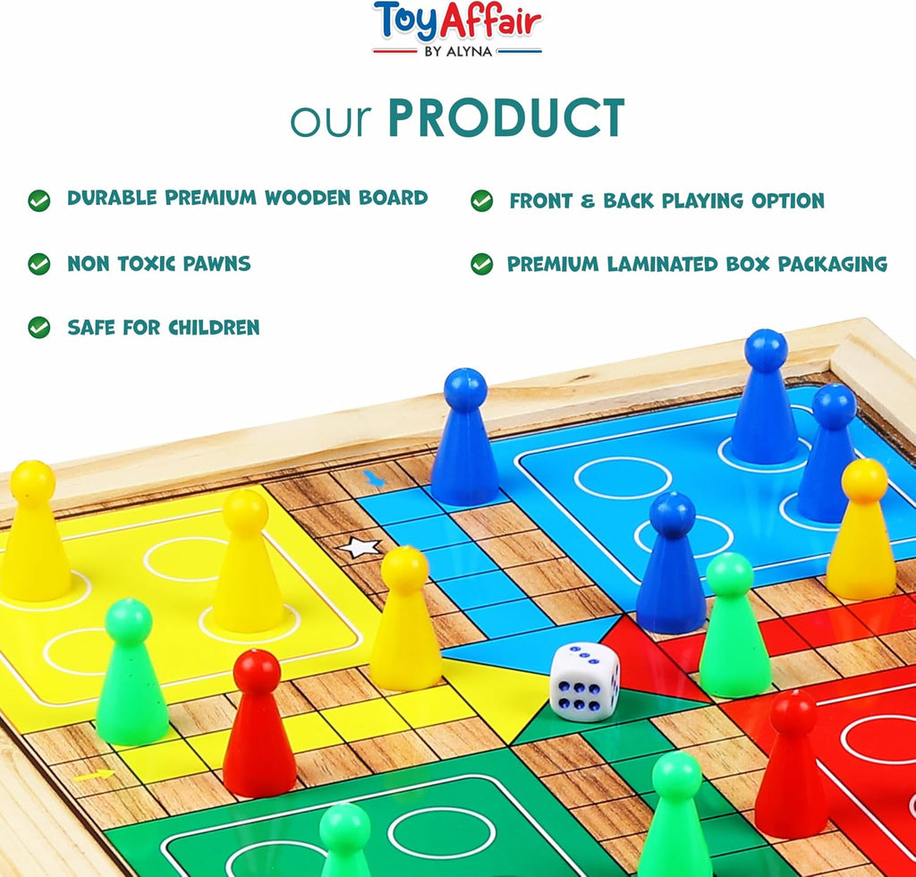 2 in 1 Wooden Ludo, Snakes and Ladders Board Game Set for Kids and Adults