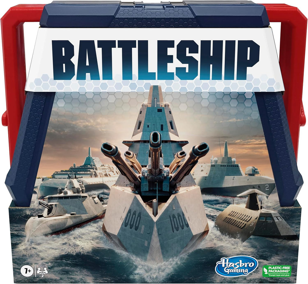 Hasbro Battleship Classic Board Game with colorful game pieces and grid game board for strategic naval battles.