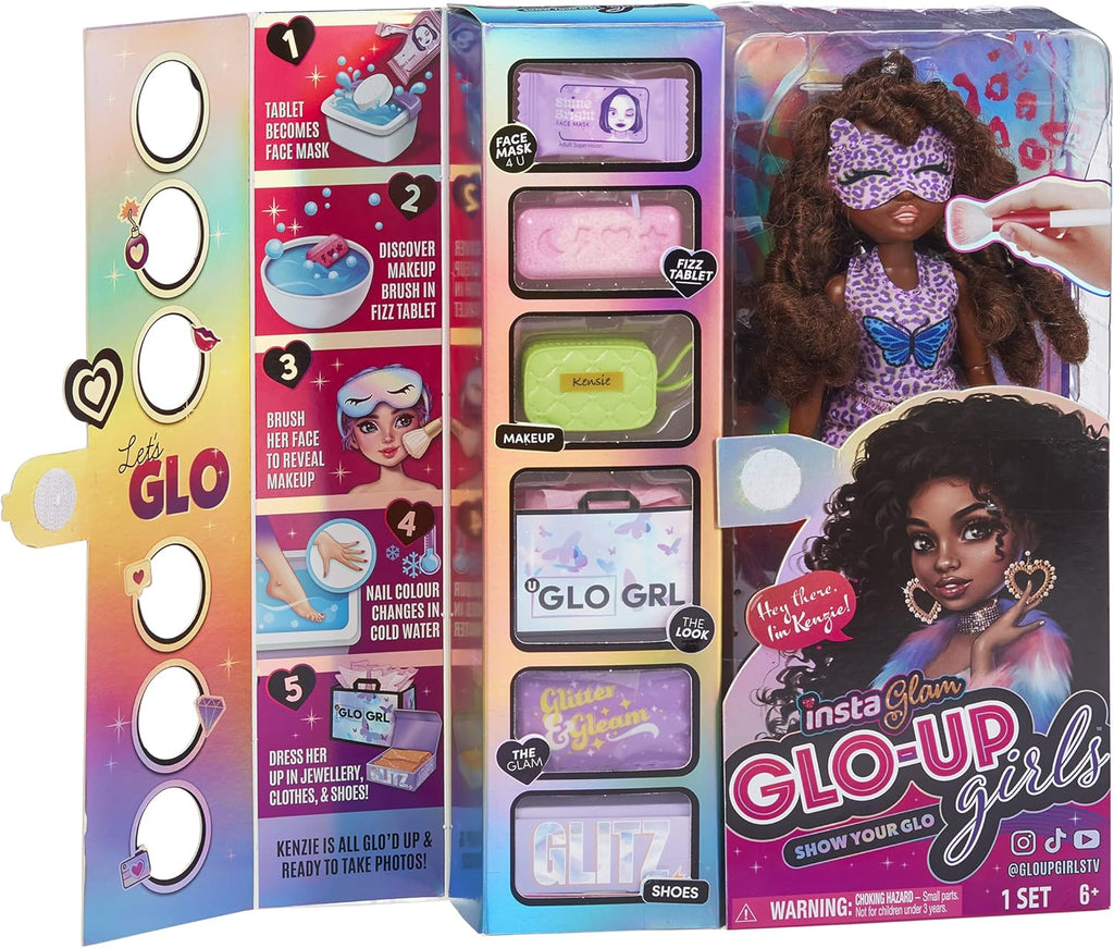 Playzokids GLO UP GIRLS doll with 25 fashion surprises and spa accessories, featuring colorful doll and outfit options.