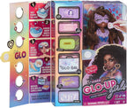 Playzokids GLO UP GIRLS doll with 25 fashion surprises and spa accessories, featuring colorful doll and outfit options.