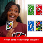 Mattel UNO classic card game with colorful numbered and action cards spread out on a table.