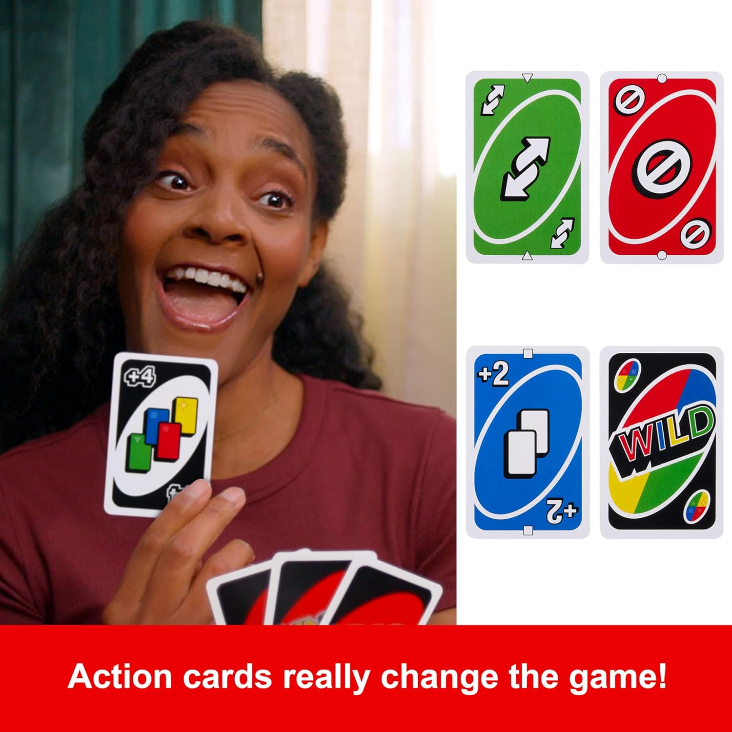 Mattel UNO classic card game with colorful numbered and action cards spread out on a table.