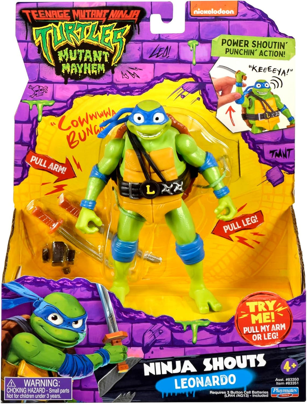 Playmates Mutant Mayhem Leonardo Deluxe Ninja Shouts action figure, 5.5-inch size with detailed costume and accessories.