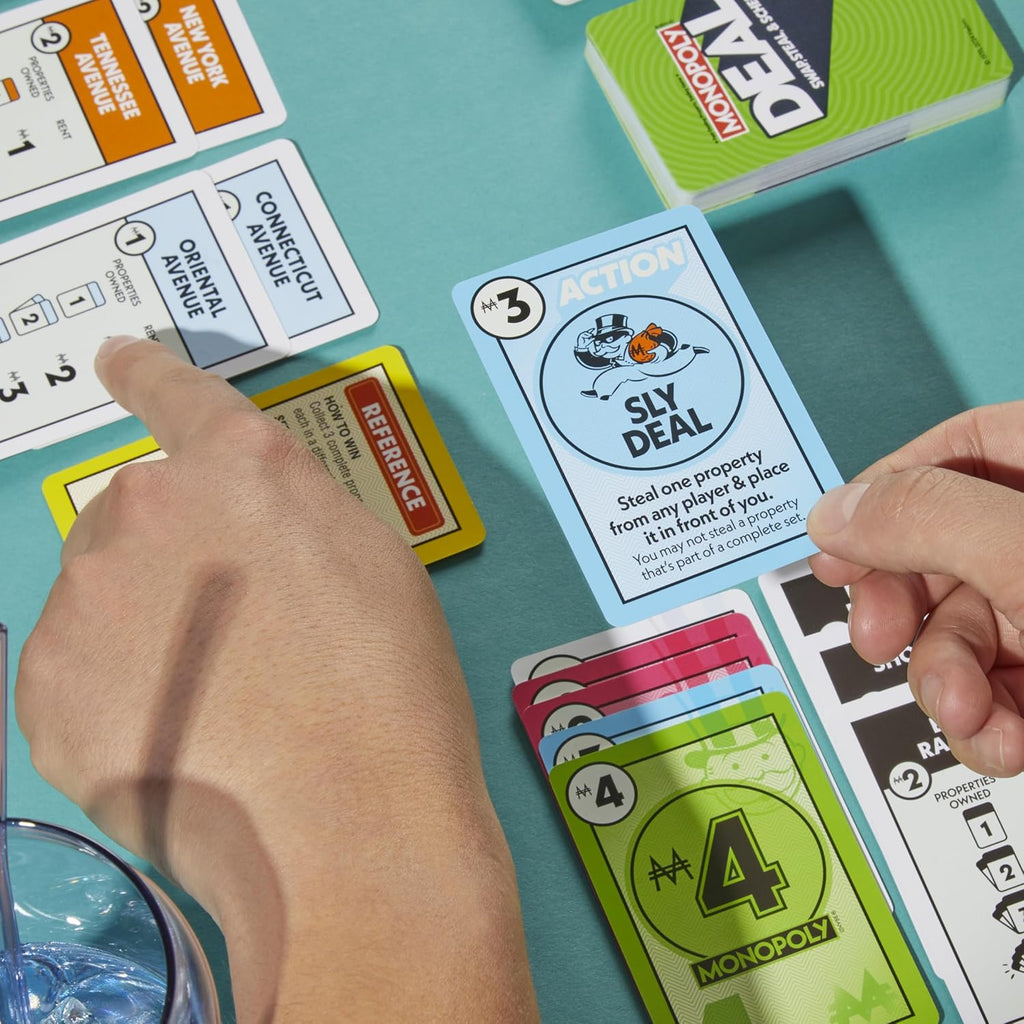 Hasbro Monopoly Deal card game featuring colorful playing cards and game box for quick family fun and strategic card play