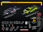 Carrera GO!!! DTM Supercars slot car racing set with colorful race cars and track pieces on a table.