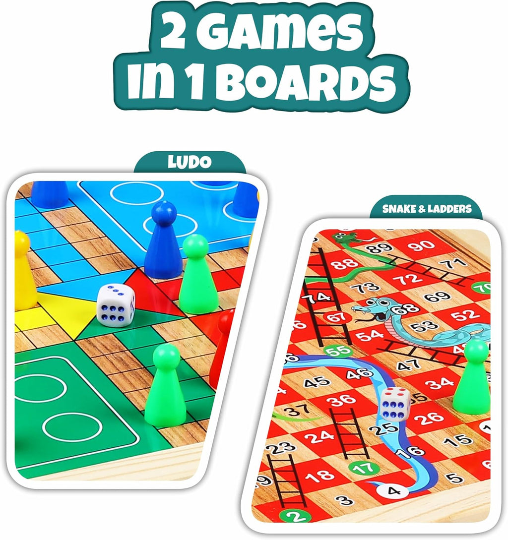 2 in 1 Wooden Ludo, Snakes and Ladders Board Game Set for Kids and Adults