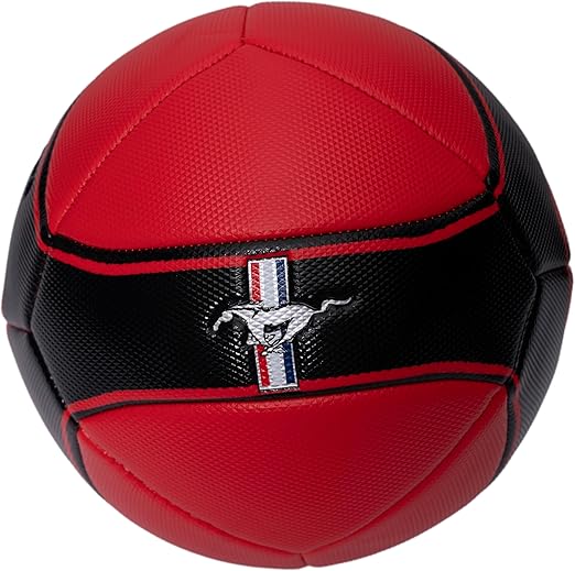 Red Ford Mustang with black racing stripe, sporty coupe with sleek design and aggressive stance.