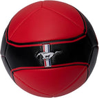 Red Ford Mustang with black racing stripe, sporty coupe with sleek design and aggressive stance.
