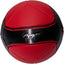Red Ford Mustang with black racing stripe, sporty coupe with sleek design and aggressive stance.