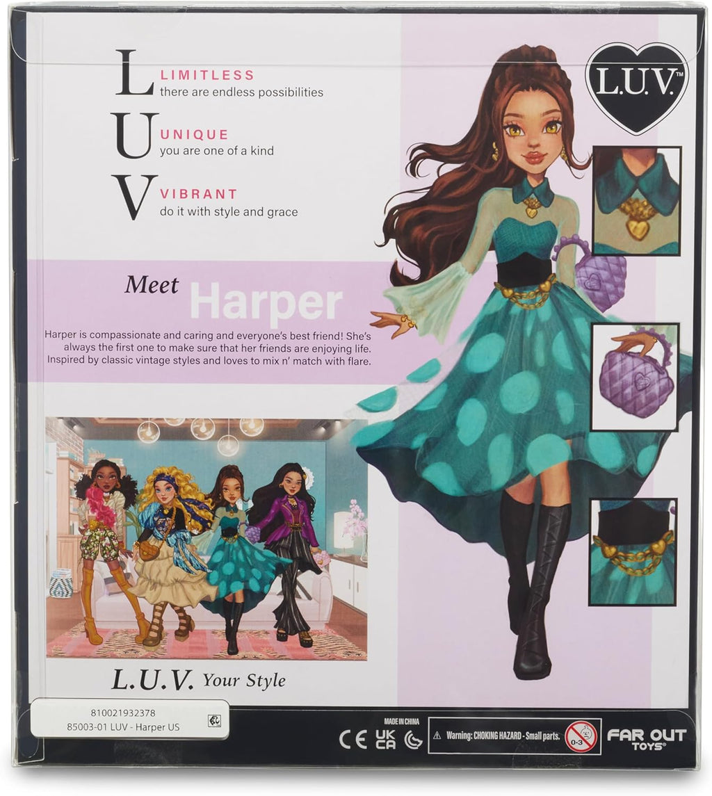 Playzokids Far Out Toys LUV Harper fashion doll in edgy, vibrant outfit with stylish details and unique accessories.