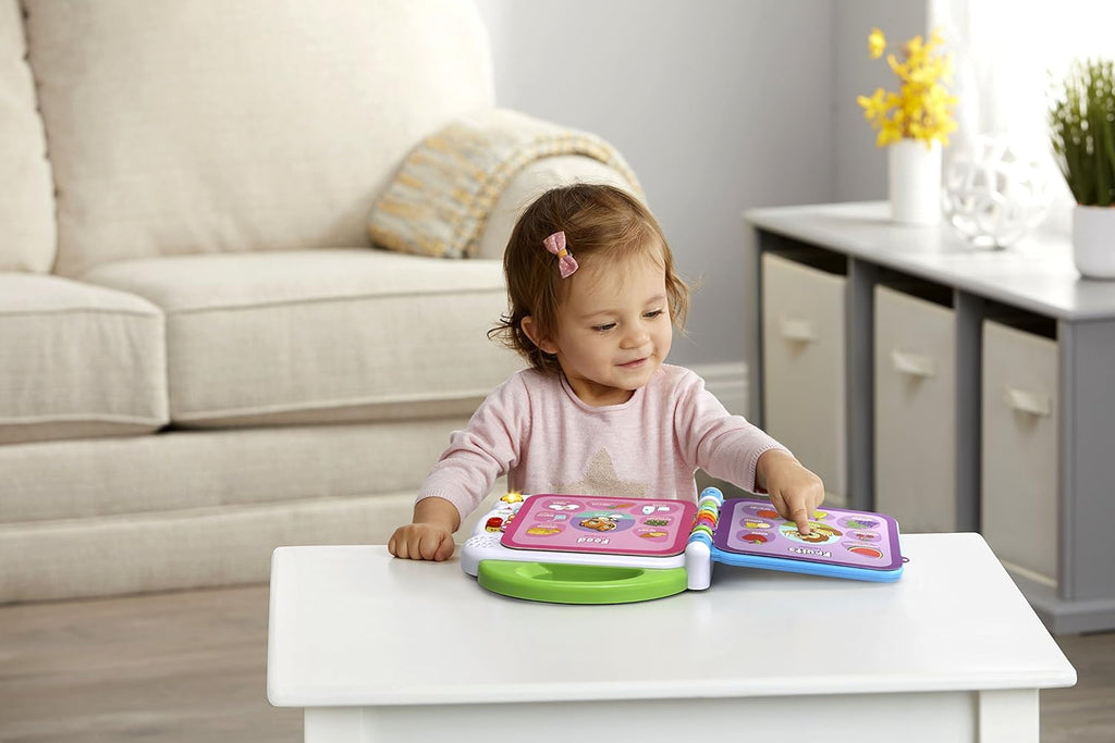 Vtech Leapfrog 100 Animals Book open to colorful pages featuring cartoon animals and interactive buttons for learning and play.