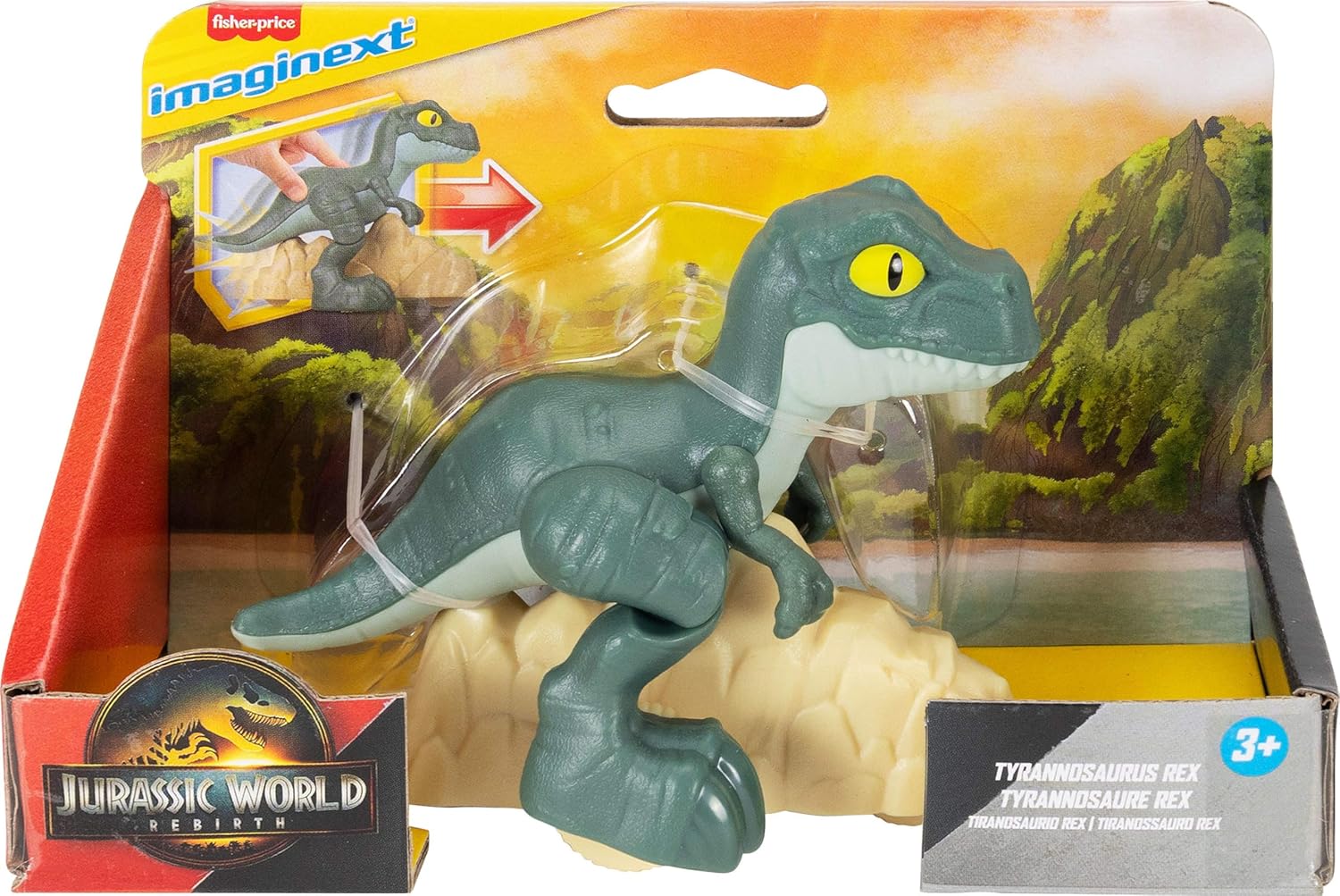 Detailed image of a Jurassic World Tyrannosaurus Rex toy figure with realistic features and textured skin. Main image