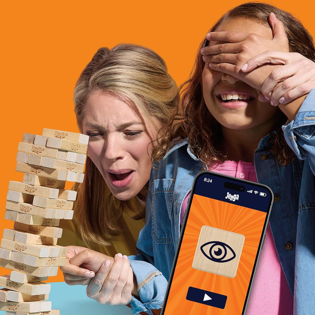 Official Hasbro Jenga game set with wooden blocks stacked for gameplay, featuring the colorful packaging and game instructions.